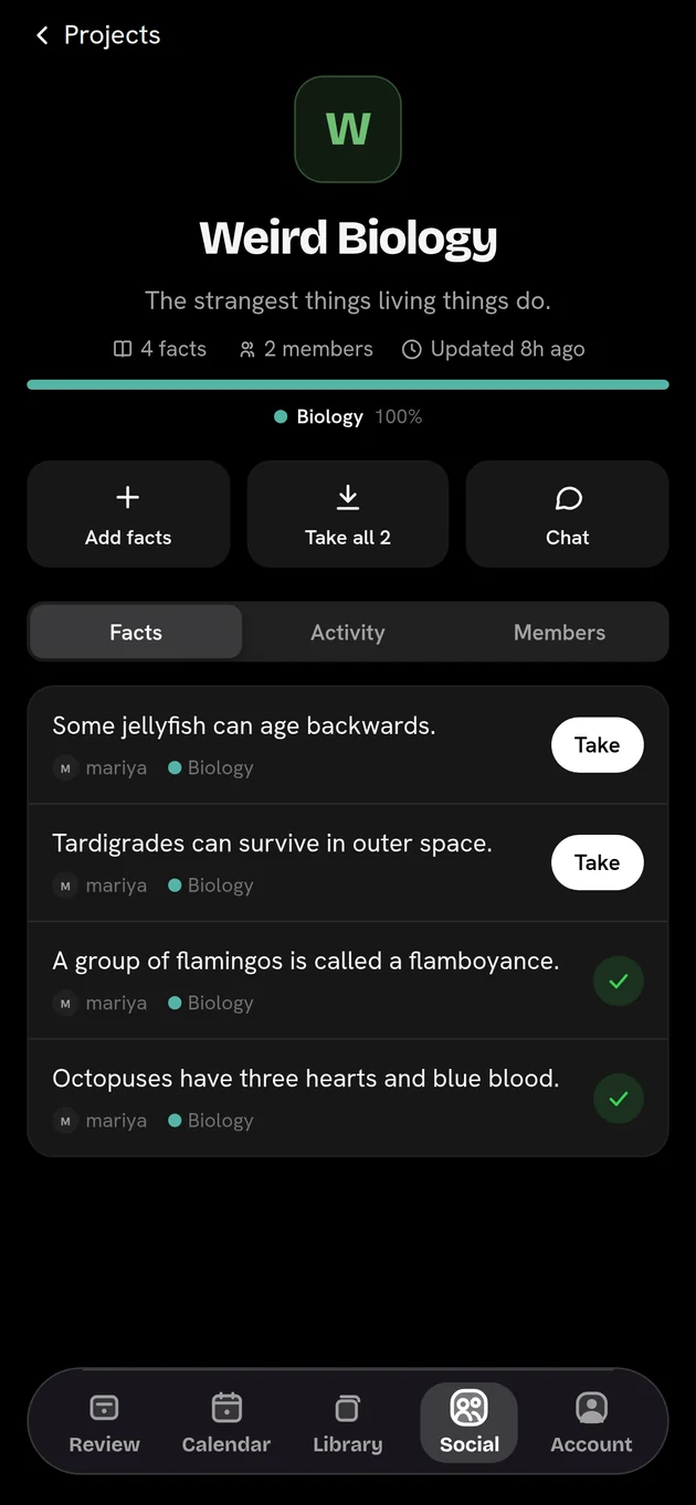 A shared project called Weird Biology, with facts from two members
